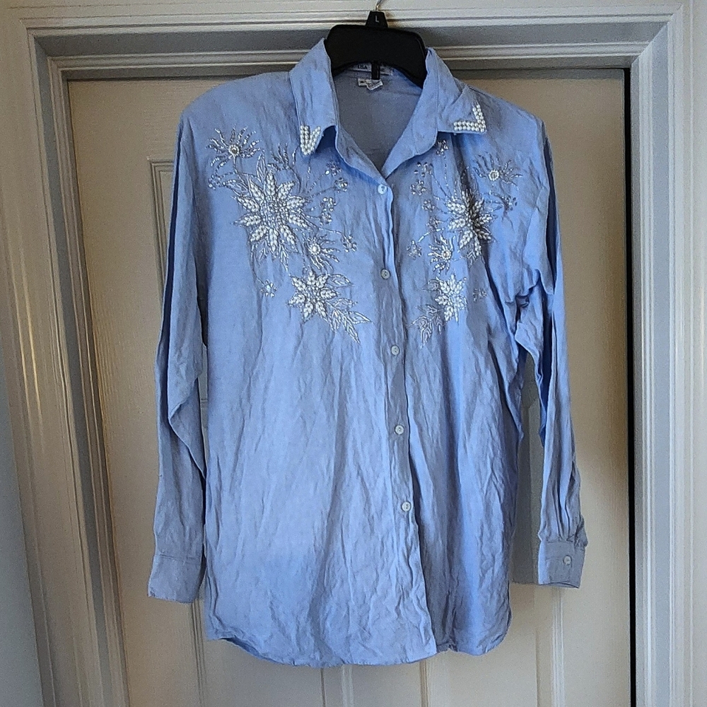 Vintage pearl, rhinestone, & silver shirt "Romantics" by Lisa Kane Small